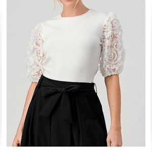 Flower Contrast Sleeve Sweater Short Sleeve Top